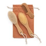 Natural Baby Hair Brush Set - Wooden Brushes and Comb with Boho Travel Bag for Girl or Boy - Soft Goat Hair Brush for Cradle Cap, Bamboo Toddler Hair Brush, Newborn Hairbrush for Scalp Grooming