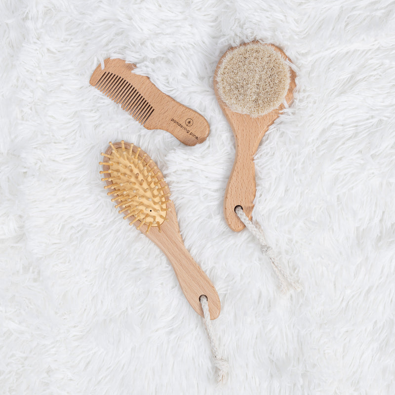 Natural Baby Hair Brush Set with Boho Bag - Goat Hair Cradle Cap Brush, Toddler Brush and Comb