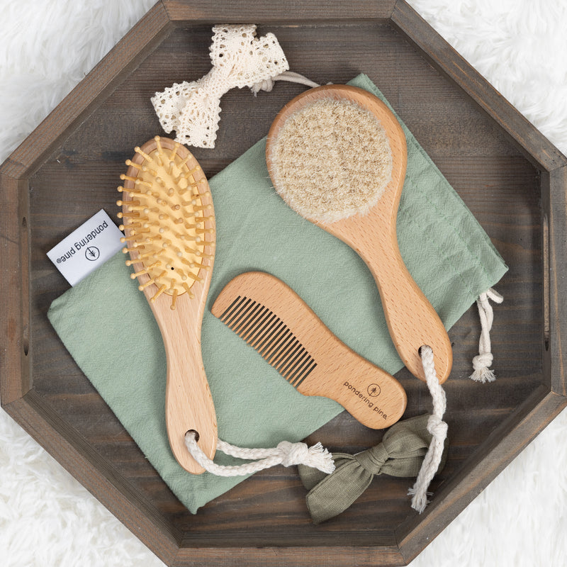 Natural Baby Hair Brush Set with Boho Bag - Goat Hair Cradle Cap Brush, Toddler Brush and Comb