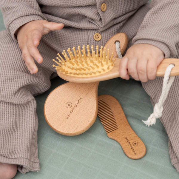 Natural Baby Hair Brush Set with Boho Bag - Goat Hair Cradle Cap Brush, Toddler Brush and Comb