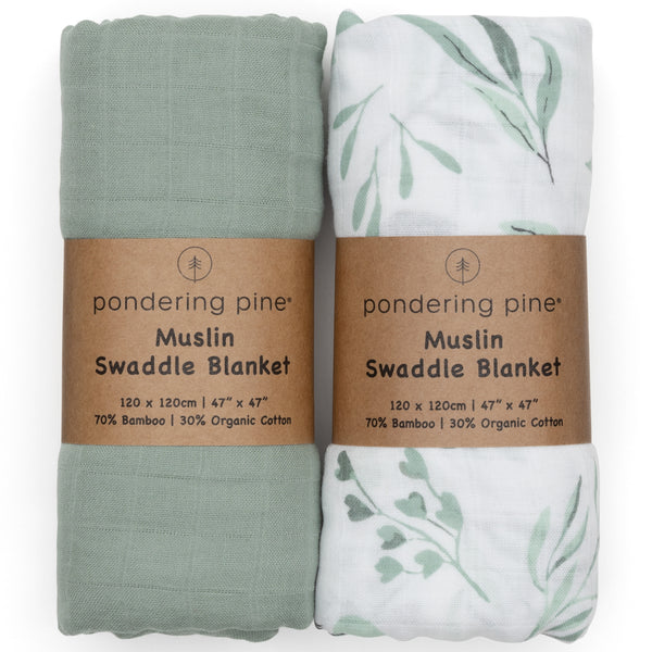 Organic Baby Muslin Swaddle Blankets for Boy or Girl - Eucalyptus Leaves and Sage Muslin Swaddling Blanket 2 Pack