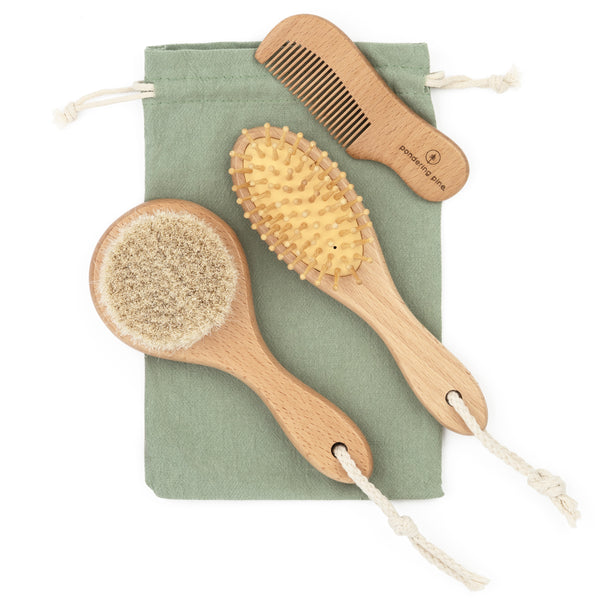 Natural Baby Hair Brush Set with Boho Bag - Goat Hair Cradle Cap Brush, Toddler Brush and Comb