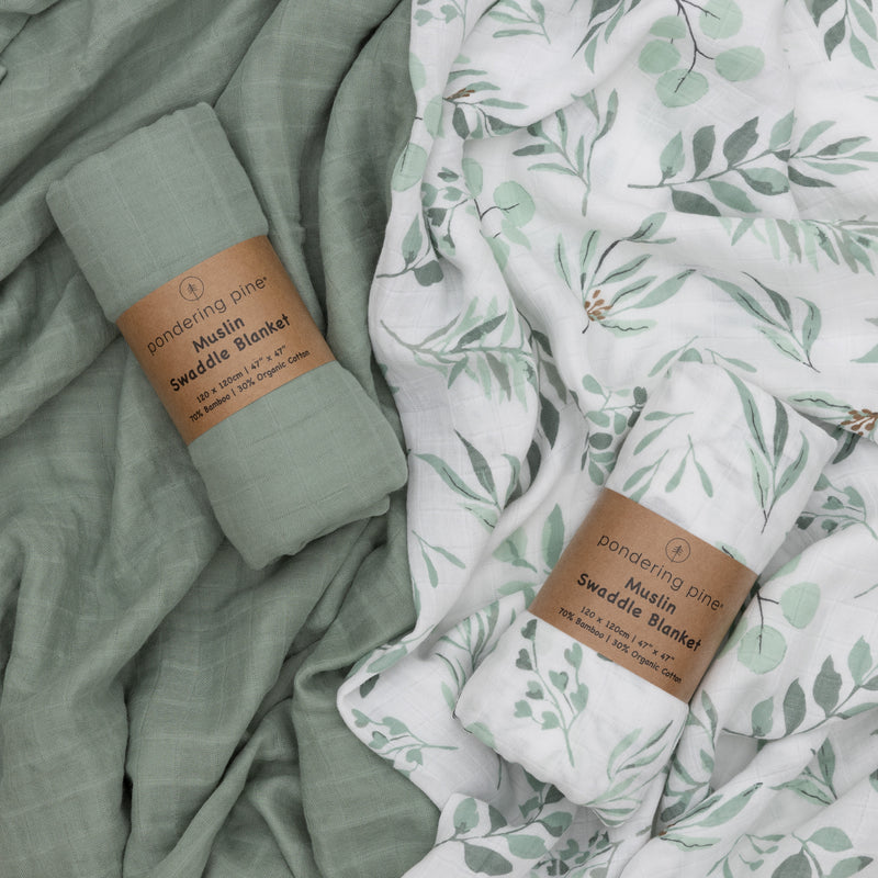 Organic Baby Muslin Swaddle Blankets for Boy or Girl - Eucalyptus Leaves and Sage Muslin Swaddling Blanket 2 Pack