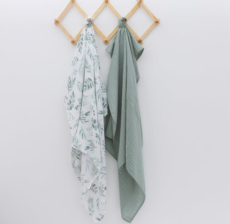 Organic Baby Muslin Swaddle Blankets for Boy or Girl - Eucalyptus Leaves and Sage Muslin Swaddling Blanket 2 Pack